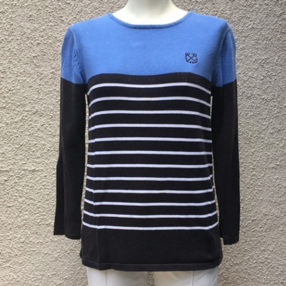 CHARTER CLUB Nautical blue, black & white stripe colorblock sweater S